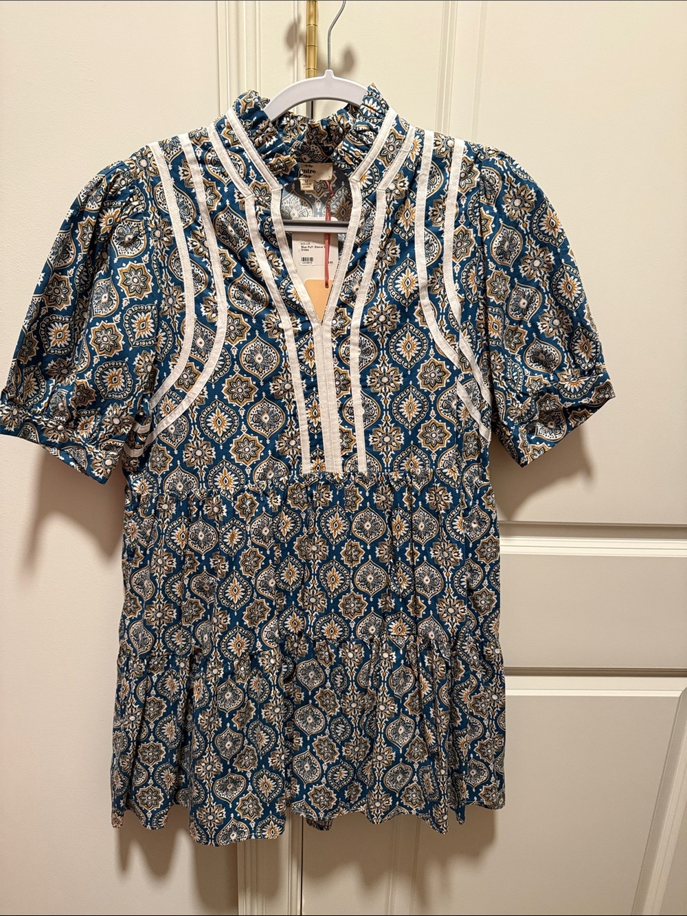 entro Blue Printed Mini Dress with White Trim